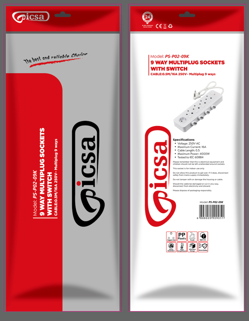 Picsa - 9 ways Independent multi plug sockets (White Color) - PS-P02-09K